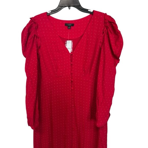 NWT J. Crew | Drapey Puff Sleeve Ruffled Red White Polka Dot Dress 14 - Picture 7 of 16